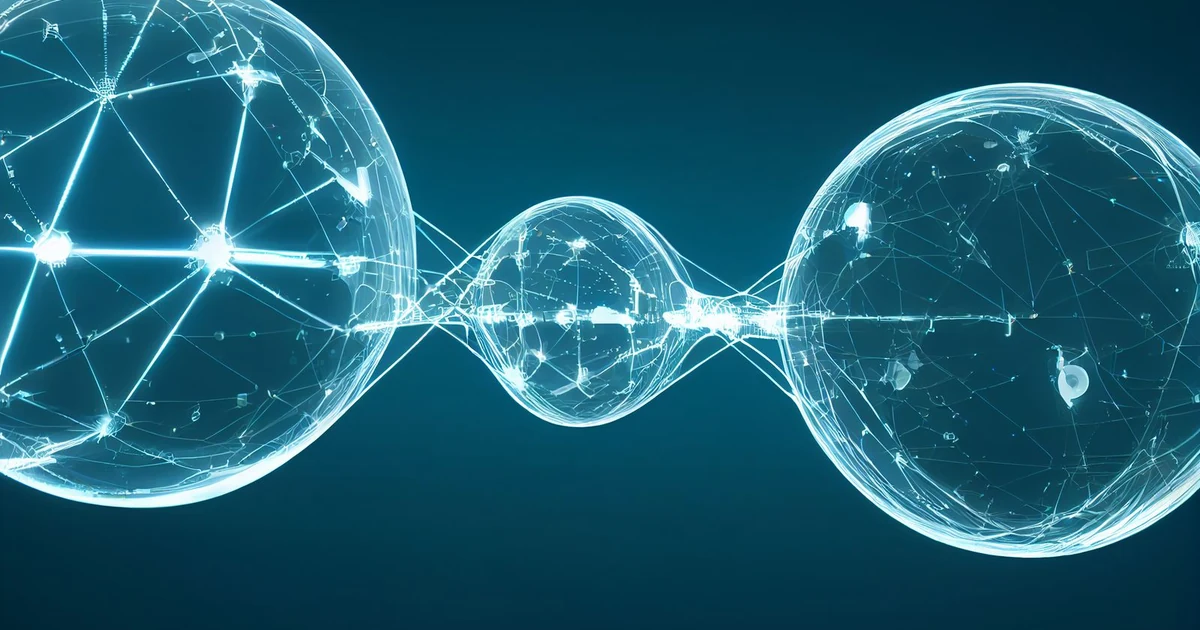 Reseau de spheres numeriques reliees par des lignes lumineuses, concept de recherche par IA