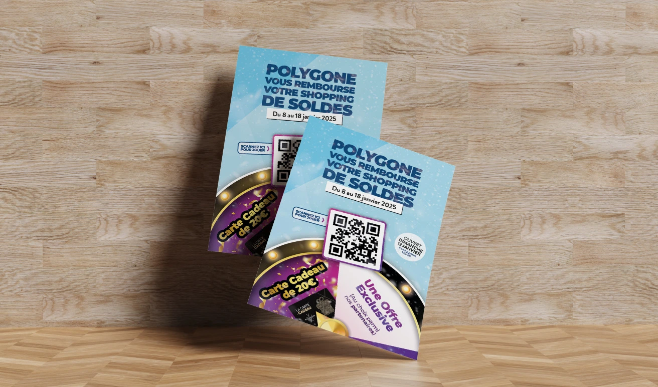 Polygone A5 prize game flyers with QR code and a €20 gift card to be won