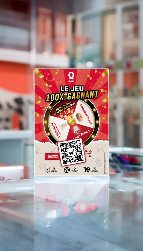 Quick 100% winning game stand with QR code on a restaurant counter