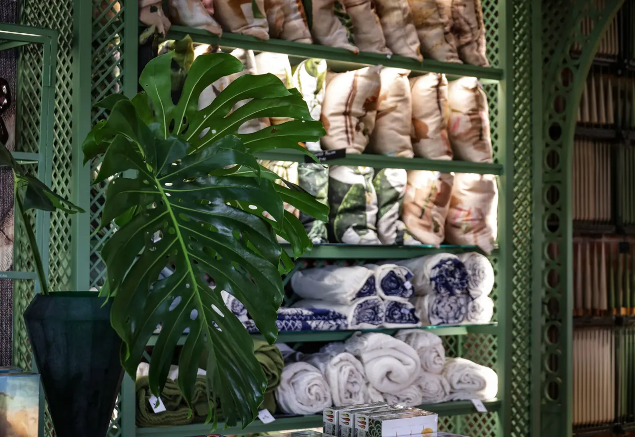 Intérieur luxueux d'un concept-store avec décor végétal et produits soigneusement présentés