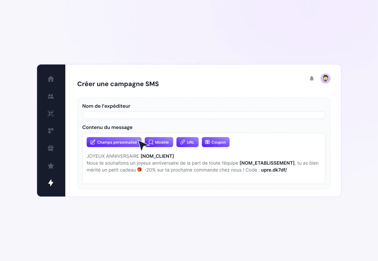 Personnalisation d'un SMS client dans Up Review