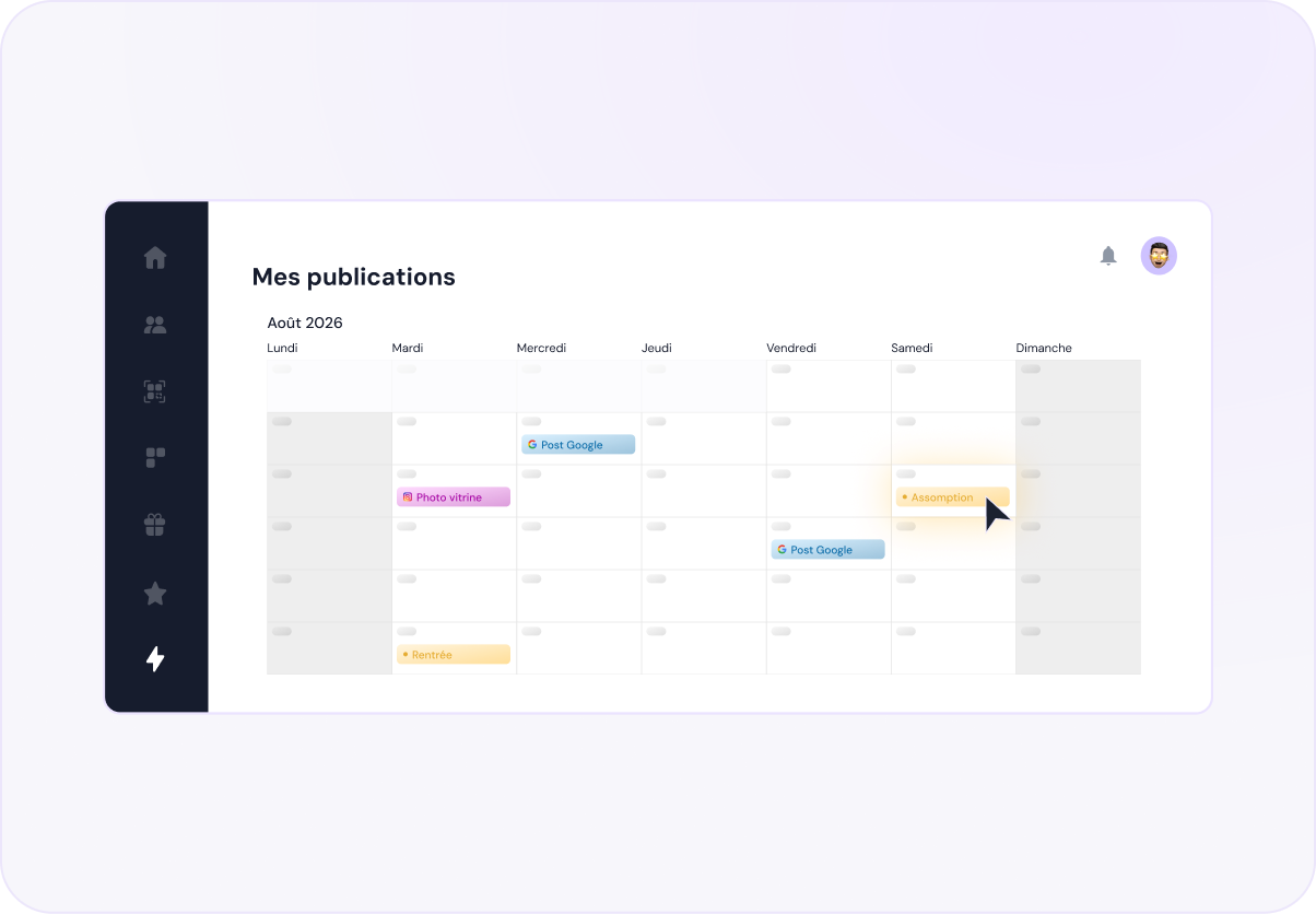 Calendrier éditorial Août 2026 avec marronniers Assomption, Rentrée et posts Google planifiés