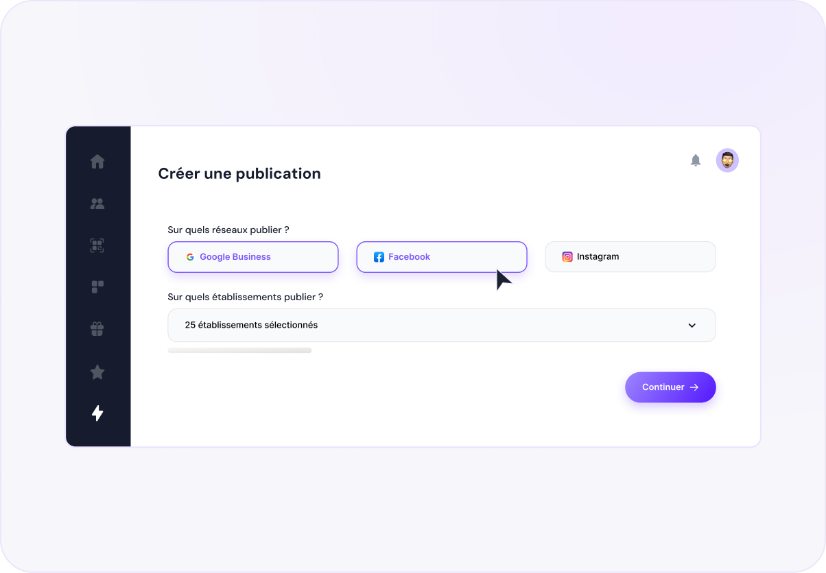 Formulaire Créer une publication : sélection Google Business, Facebook, Instagram et 25 établissements