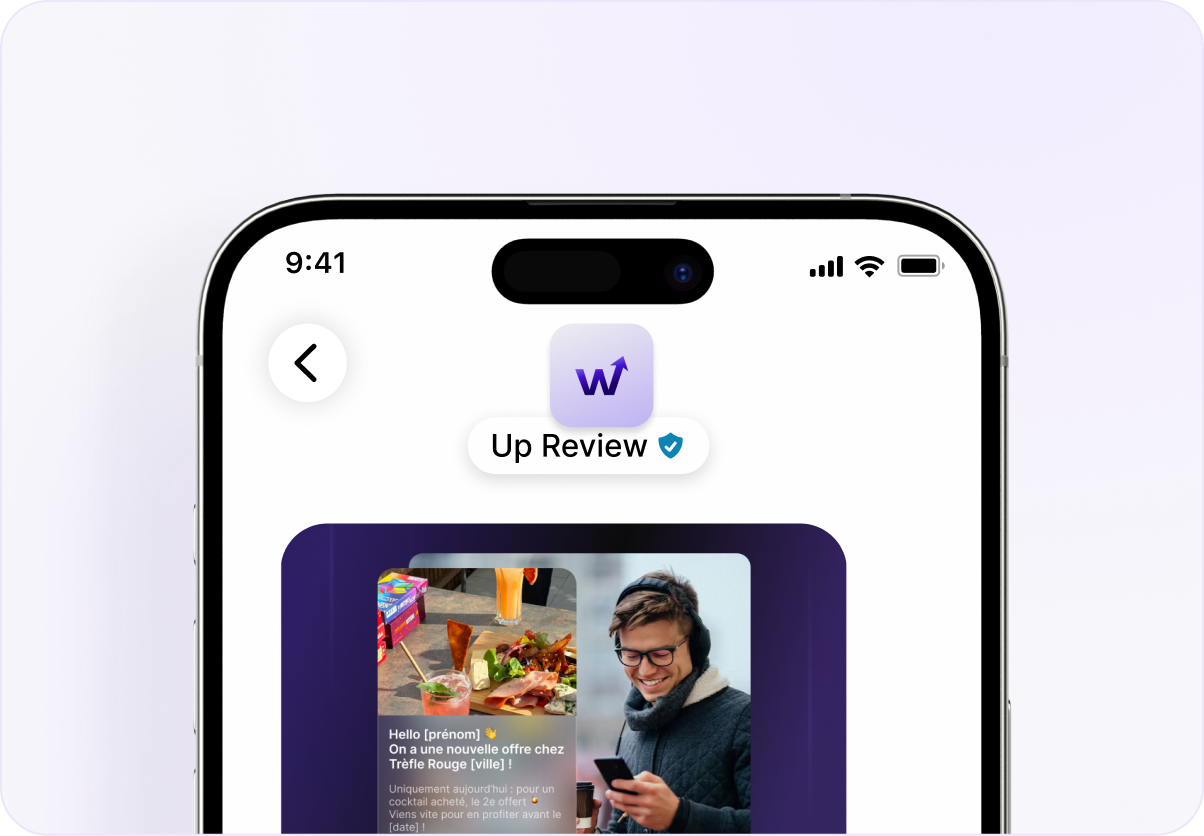 Mockup RCS : notification de marque vérifiée Up Review