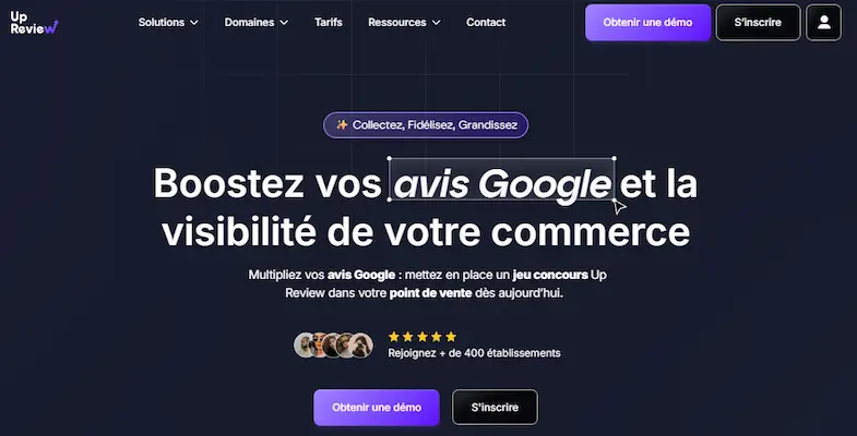 ctions de fidélisation client présentées sur la page d’accueil d’Up Review
