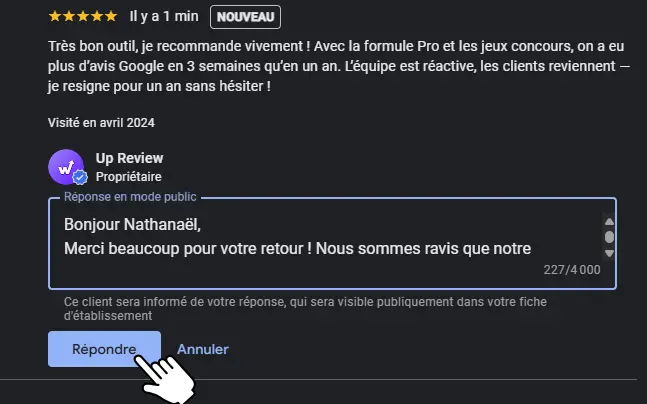 Réponse sur la fiche Google My Business pour avoir plus d'avis Google