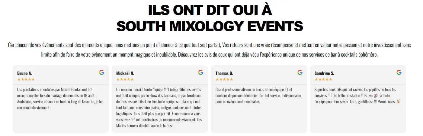 Exemple d'avis Google sur site internet de South Mixology Events pour avoir  plus d'avis Google
