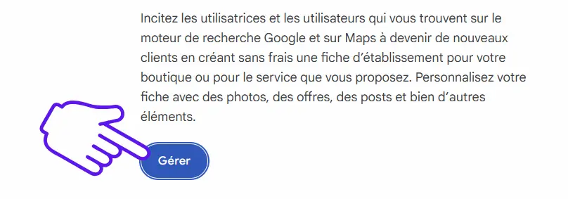 Cliquez sur "Gérer" pour créer une fiche Google Business Profiie 