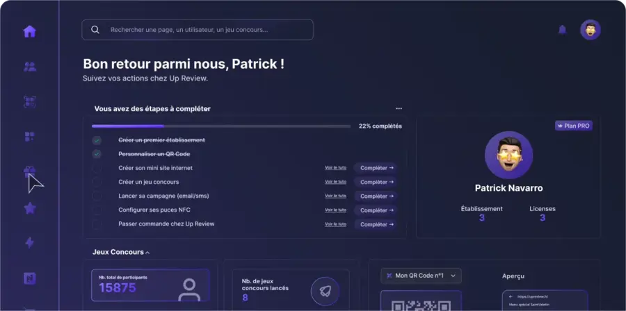 Jeu marketing dans l'interface de la Web App Up Review