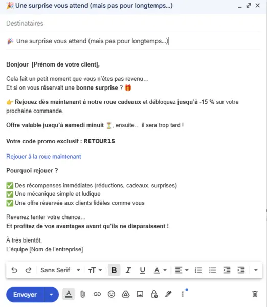 Exemple de mail automatique Up review pour relance de clients grâce au jeu marketing