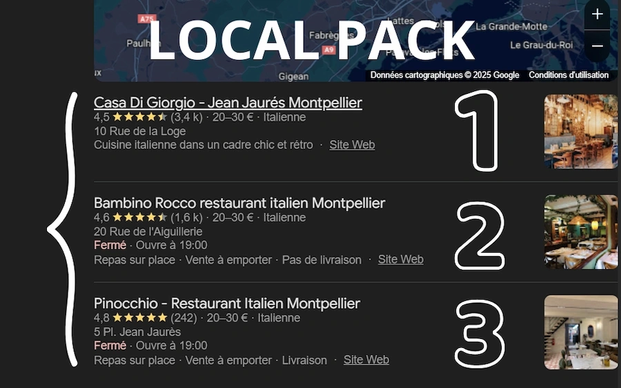 Exemple du Local Pack/ Snack pack pour une recherche