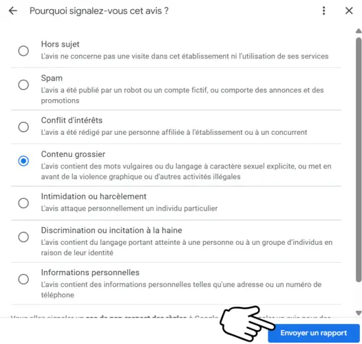 Supprimer un avis google motif de signalement